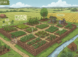 A lush, diverse permaculture garden with raised beds, fruit trees, and a pond