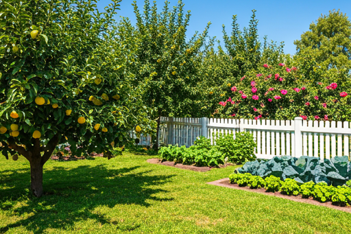 A lush, verdant garden, brimming with a bountiful array of fruit trees laden with ripe fruit, vibrant vegetable patches, and a profusion of colorful flowering plants, is beautifully framed by a pristine white picket fence beneath a clear, sunny blue sky