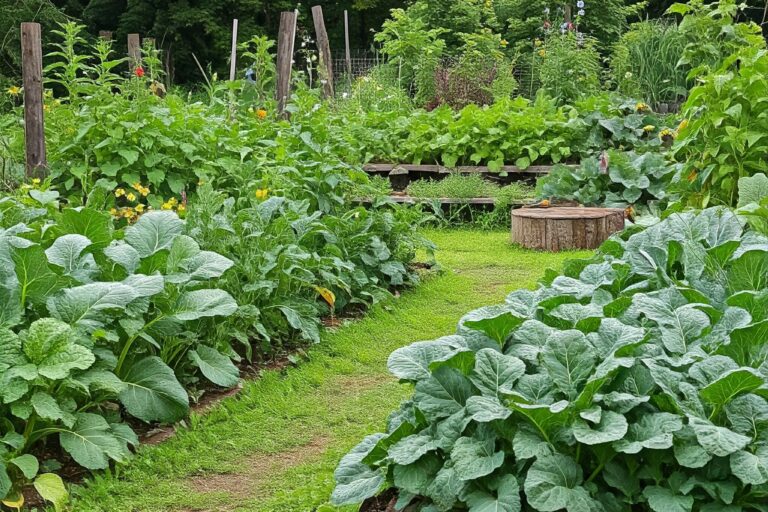 A vibrant and diverse sustainable food garden with various vegetables and herbs growing in raised beds